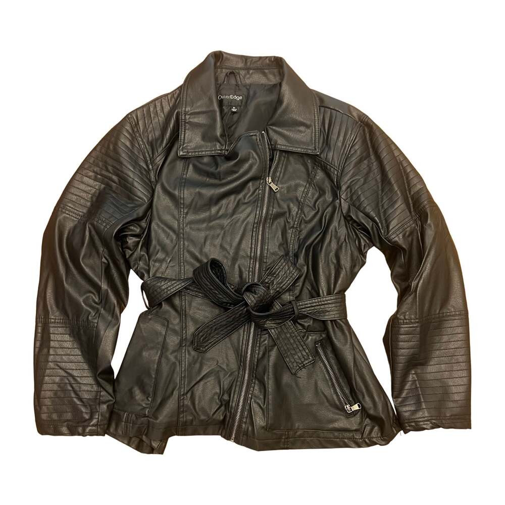 OuterEdge Women's Plus Size 3X Black Faux Leather Belted Moto Jacket